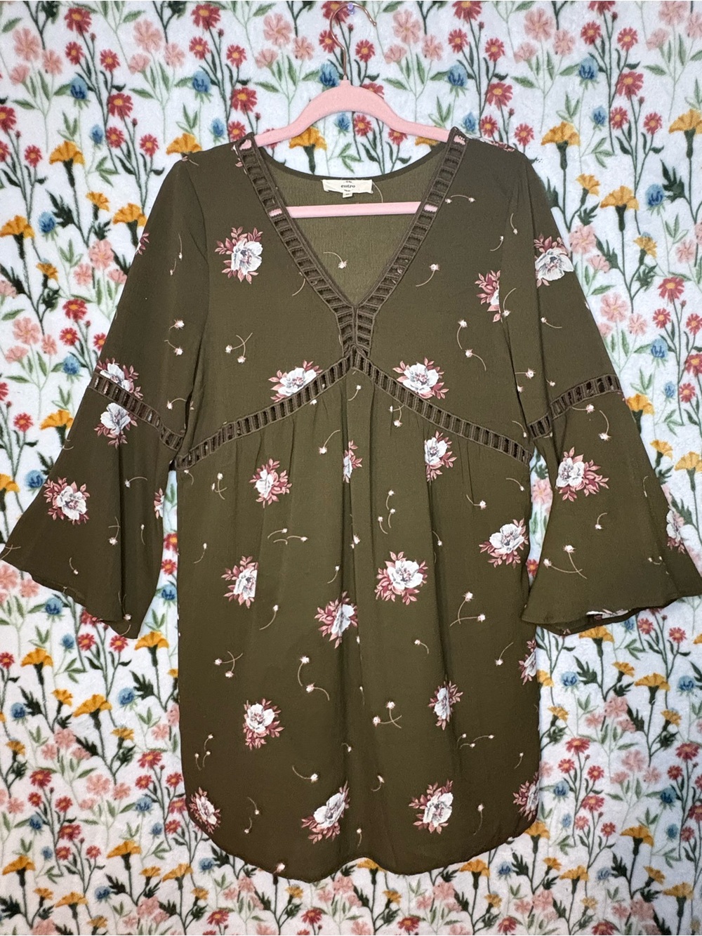 entro Olive Green Floral Boho Tunic with Pink and White Flowers